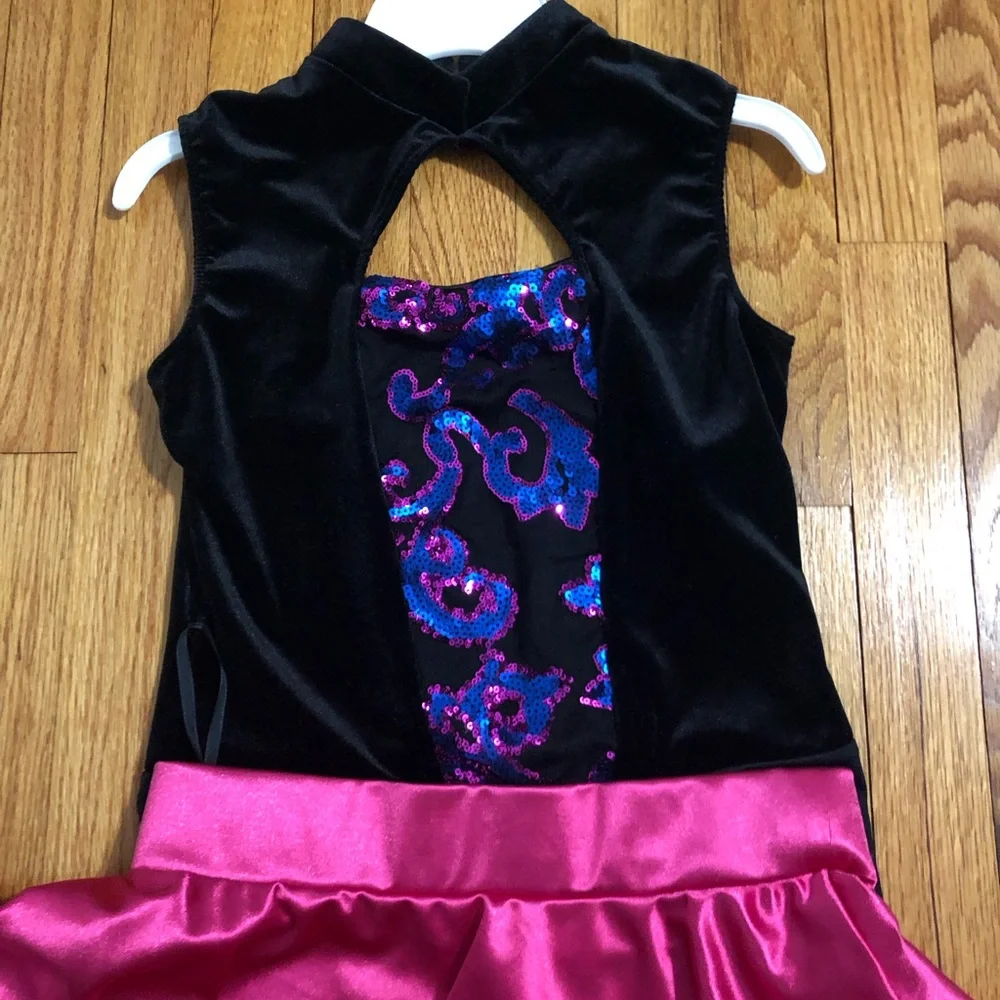 Dance costume velvet one piece with shorts & pink fuschia skirt tap jazz size XL